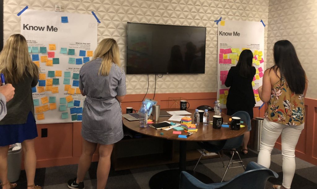 Multiple sticky notes on a board as INK employees conduct an interactive Think Wrong workshop