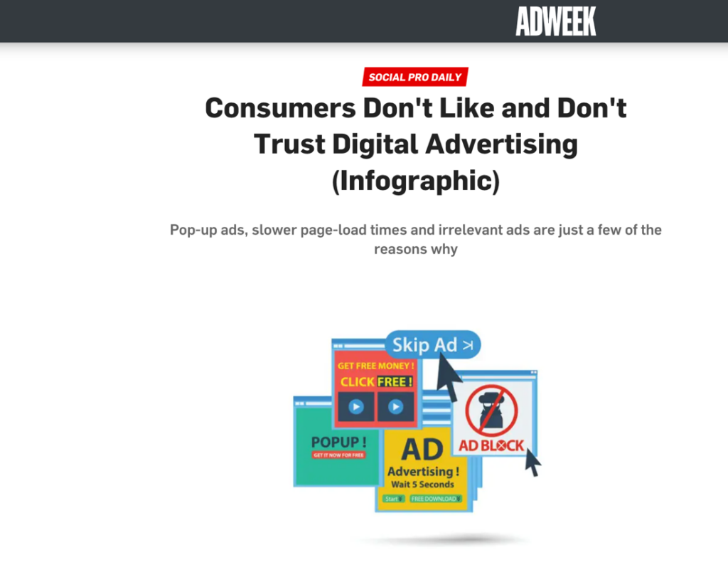 AdWeek coverage titled "Consumers Don't Like and Don't Trust Digital Advertising (Infographic)" with the subtitle "Pop-up ads, slower page-load times and irrelevant ads are just a few of the reasons why"