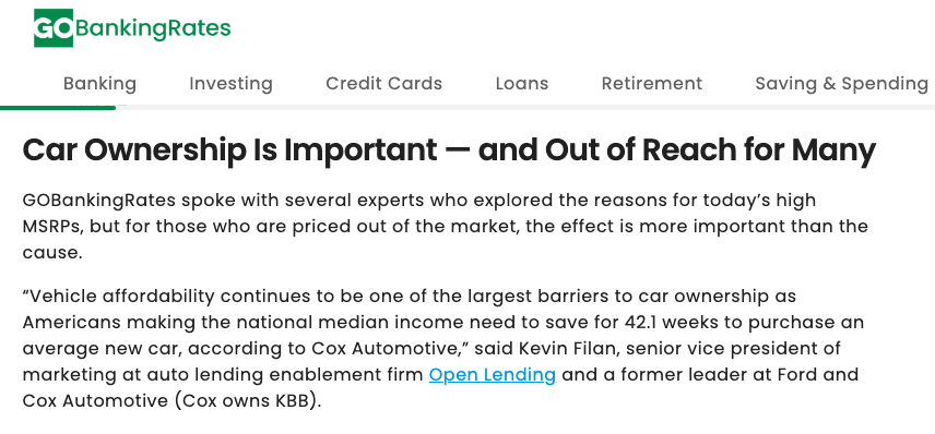 GoBankingRates coverage of Open Lending titled "Car Ownership Is Important — and Out of Reach for Many"
