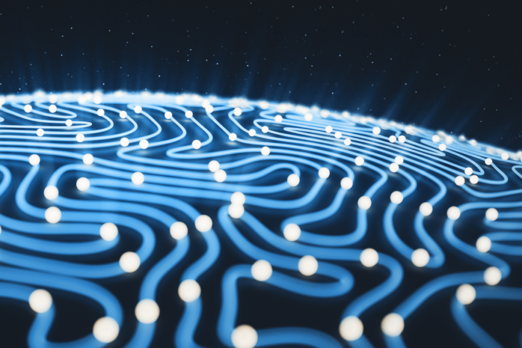 A magnified digital connection network with a blue hue, meant to be an abstract representation of AI and automation.